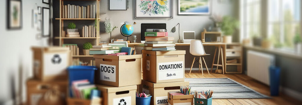 Messy home with boxes filled for donations and trash